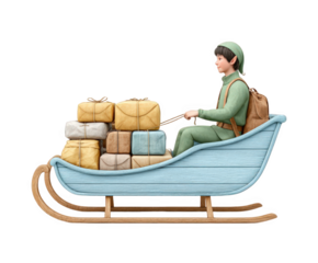 An elf wearing a green outfit and hat, pulling a light blue wooden sleigh filled with wrapped gifts, isolated on transparent background