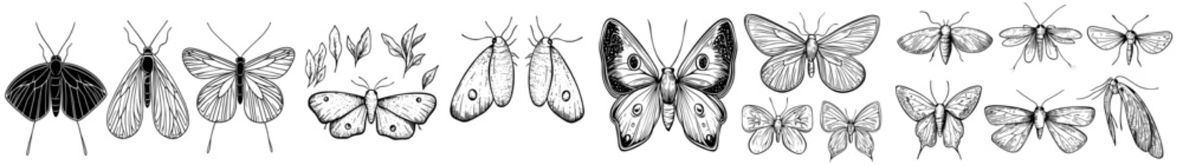 Illustration of butterflies and moths in black and white presented in silhouette form