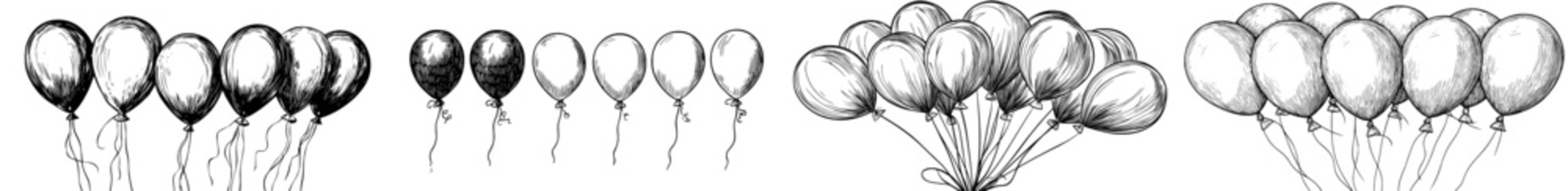 A white background features the black silhouette of balloons with strings