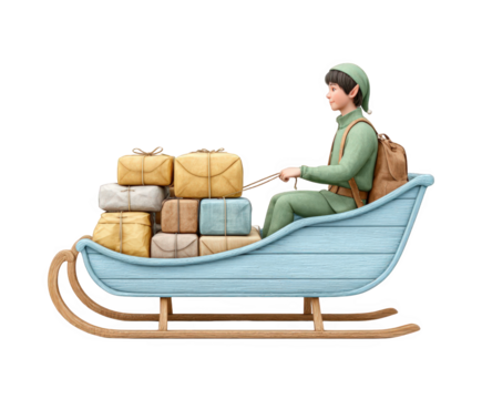An elf wearing a green outfit and hat, pulling a light blue wooden sleigh filled with wrapped gifts, isolated on transparent background