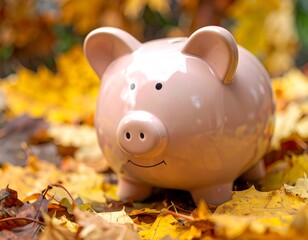 Pink piggy bank in autumn leaves