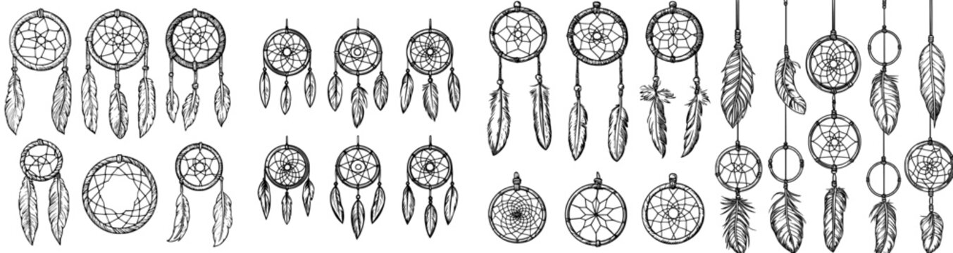 A tribal-style assortment of dreamcatcher shapes accompanied by feathers has been compiled