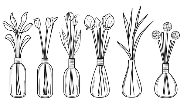 Illustrations of essential oil diffusers in silhouette form incorporate botanical elements