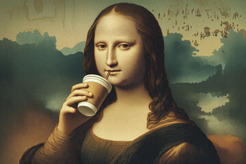 Mona Lisa enjoys coffee while gazing thoughtfully into the distance in a serene outdoor setting