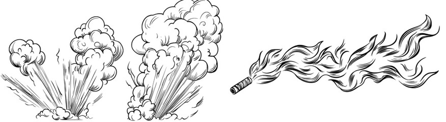 A cartoon smoke explosion is illustrated in a modern style with various shapes of plumes