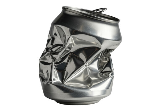 Extreme close-up, low-angle view of a dramatically imploded silver aluminum beverage can with sharp folds, isolated on a transparent studio background, concept of destructive power