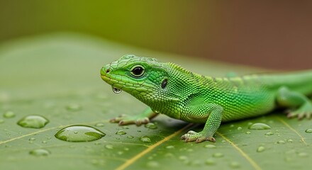 Fototapeta premium A vibrant green lizard, seemingly camouflaged, rests on a lush green leaf covered in glistening water droplets.