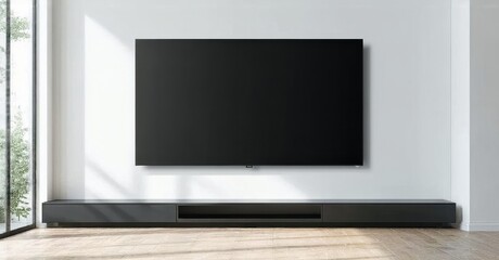 Fototapeta premium Minimalist interior features wallmounted television above long black console. Large windows provide natural light, creating calm atmosphere.