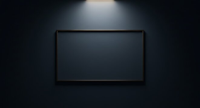 Empty framed picture on a dark wall with spotlight above for commercial usage and mockups
