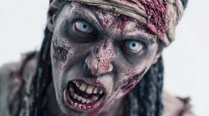 Happy halloween A fierce portrait of a zombie-like character with dramatic makeup, showcasing detailed scars and intense blue eyes, perfect for horror-themed projects, film promotions