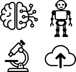 Vector illustration showing a brain with circuits, robot, microscope, and cloud upload