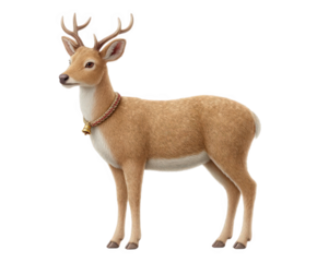 A majestic reindeer with antlers and a festive collar with a bell, standing gracefully isolated on a pure transparent background, evoking a sense of winter wonder and holiday cheer