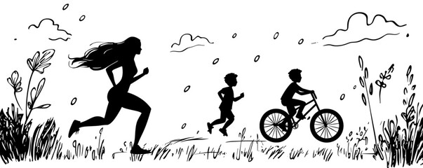 In nature, the silhouette of a biking family embodies outdoor recreation and physical fitness