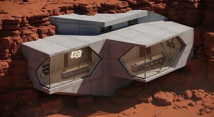 Futuristic concrete modular habitat structures on a barren red desert planet surface