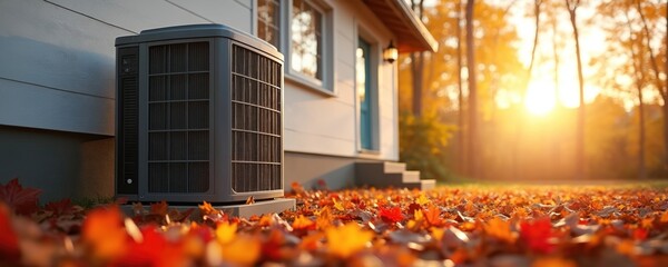 Outdoor heat pump unit outside house near fallen autumn leaves. Warm sunlight filters through trees creating warm ambient glow. Seasonal yard work and home maintenance.