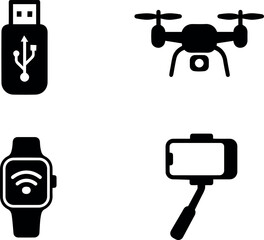 Vector illustration showing a usb drive a drone a smart watch and a selfie stick icon
