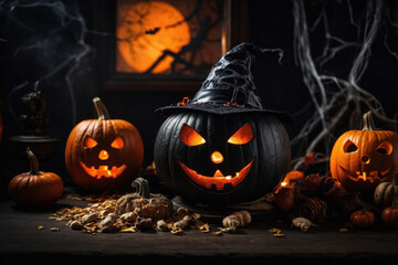 Pumpkin scary jack-o-lantern, attribute autumn holiday Halloween AI Generative
