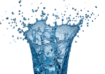 A dynamic explosion of crystalline, pristine clear blue water, frozen mid-air with shimmering droplets & micro-bubbles in an ultra-macro studio shot on transparent, concept of liquid art