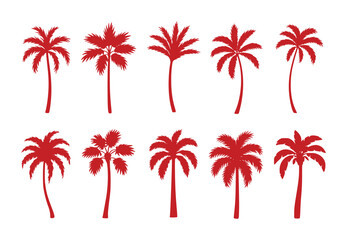 Collection of Red Palm Tree Silhouettes on White Background