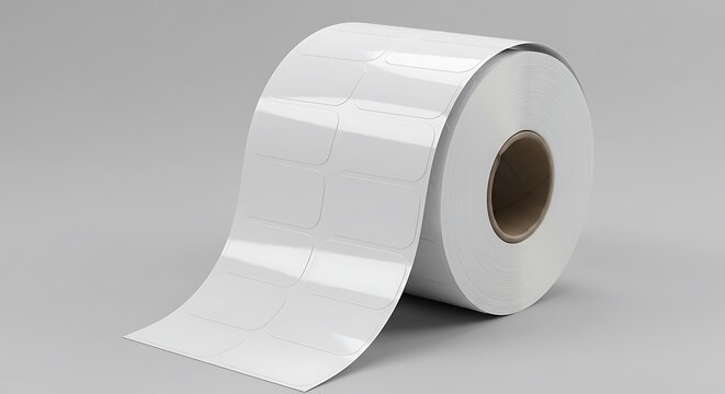 Roll of blank white adhesive labels on a gray background for commercial usage and mockups