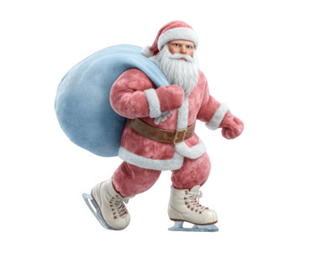 Santa claus figure with a large blue sack of gifts on his back, wearing a red suit and ice skates, isolated on transparent background