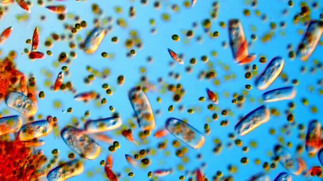 Microorganism in pond water, microscope view 