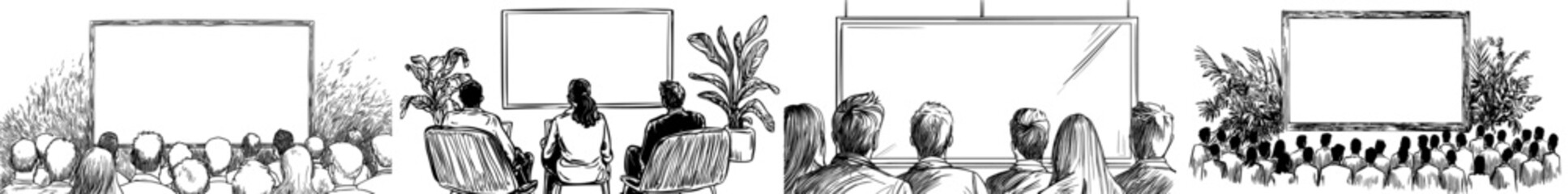 Illustration of a cinema audience in silhouette form viewing a screen