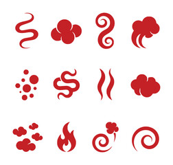 Collection of Red Smoke, Steam, and Fire Icons on White Background
