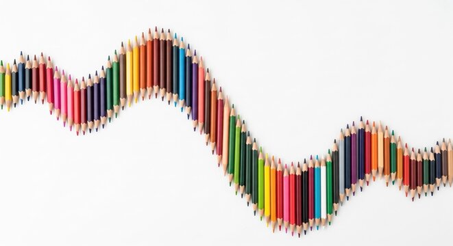 Colorful pencils arranged in a wavy pattern on a white background