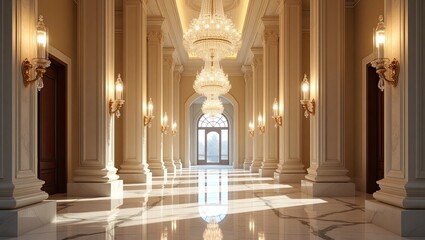 Marble hallway with crystal chandeliers. 