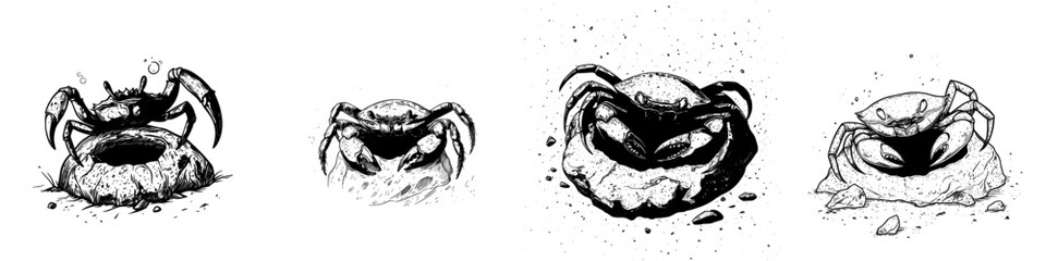 A bright red crab is depicted in a 2D modern illustration hiding beneath a rock on a completely white background