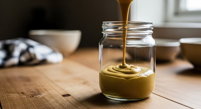 Creamy mustard sauce being poured into a glass jar