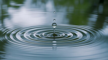 Water drop impacting surface creating concentric ripples perfect for spa and wellness concepts demonstrating interconnectedness balance and tranquility with a clean natural aesthetic