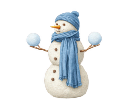 A charming, handdrawn snowman wearing a blue knitted hat and scarf, holding two snowballs, isolated on a transparent background, perfect for winter holiday designs