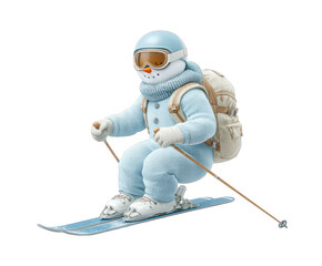 A cute snowman wearing a blue ski suit, goggles, and a backpack, skiing down a slope, isolated on transparent background