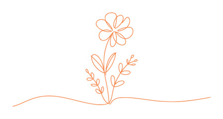 Minimalist Orange Line Art Flower with Stem and Leaves on White Background