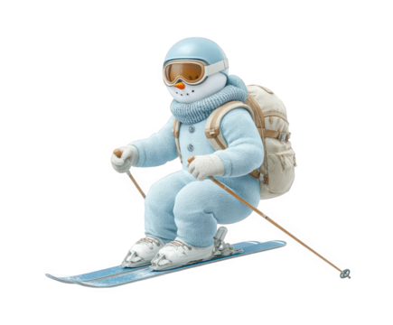 A cute snowman wearing a blue ski suit, goggles, and a backpack, skiing down a slope, isolated on transparent background