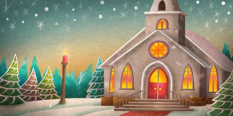 Christmas church holiday lifestyle scene with snow falling pine tree and glowing windows in winter evening sky