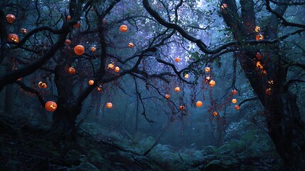 A misty horror woodland spirits glowing twisted branches pumpkins dangling glowing cinematic eerie vibe