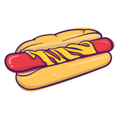 Hot dog with melted yellow mustard in retro cartoon design