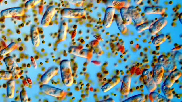 Protozoa in pond water under microscope, 200x