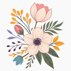 Illustrated bouquet features elegant light pink flowers with green leaves, plus stems and berries