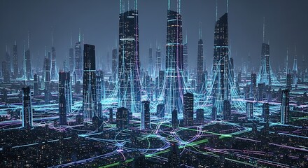 Futuristic city skyline illuminated with glowing blue and purple digital data streams at night