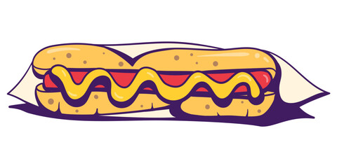 Delicious hot dog design opened from paper wrapper in retro design style