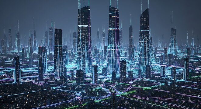 Futuristic city skyline illuminated with glowing blue and purple digital data streams at night
