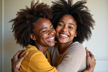 Two Happy African American Women Embracing and Smiling