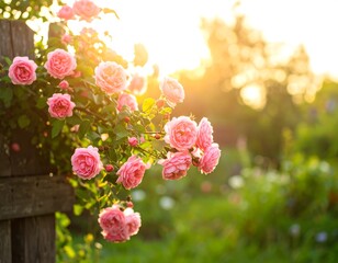 Pink roses bloom in golden sunlight