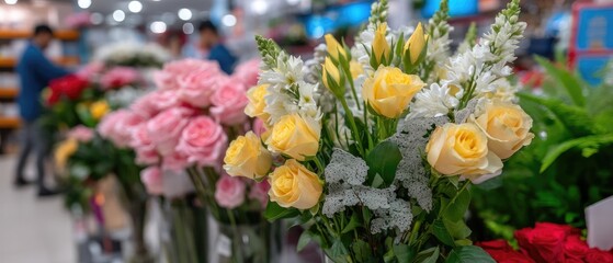 Obraz premium Colorful flower display in a busy shop with a variety of blooms and customers selecting arrangements during the day
