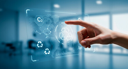 Hand touching futuristic sustainability digital panel