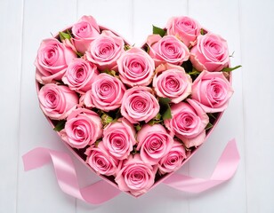 Pink roses in heart-shaped box